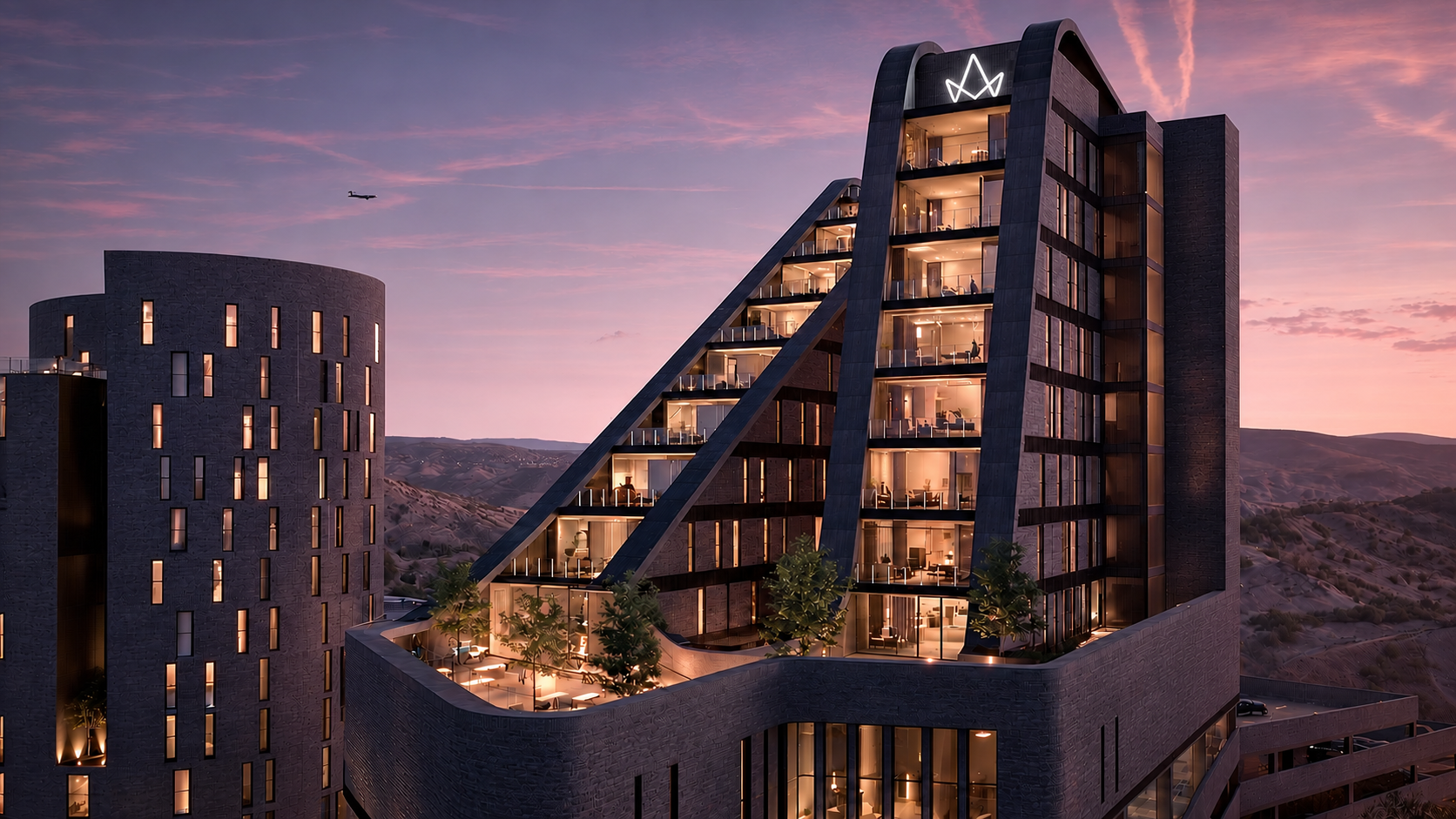 Render oficial de BonaDea: Torre II escalonada a la derecha y Torre I a la izquierda